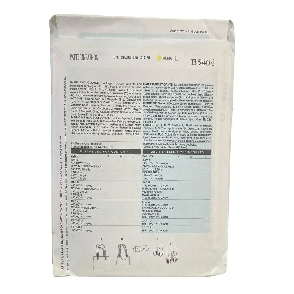 Butterick B5404 Bags Gloves‎ Tote Clutch Accessory Sewing Pattern One Size